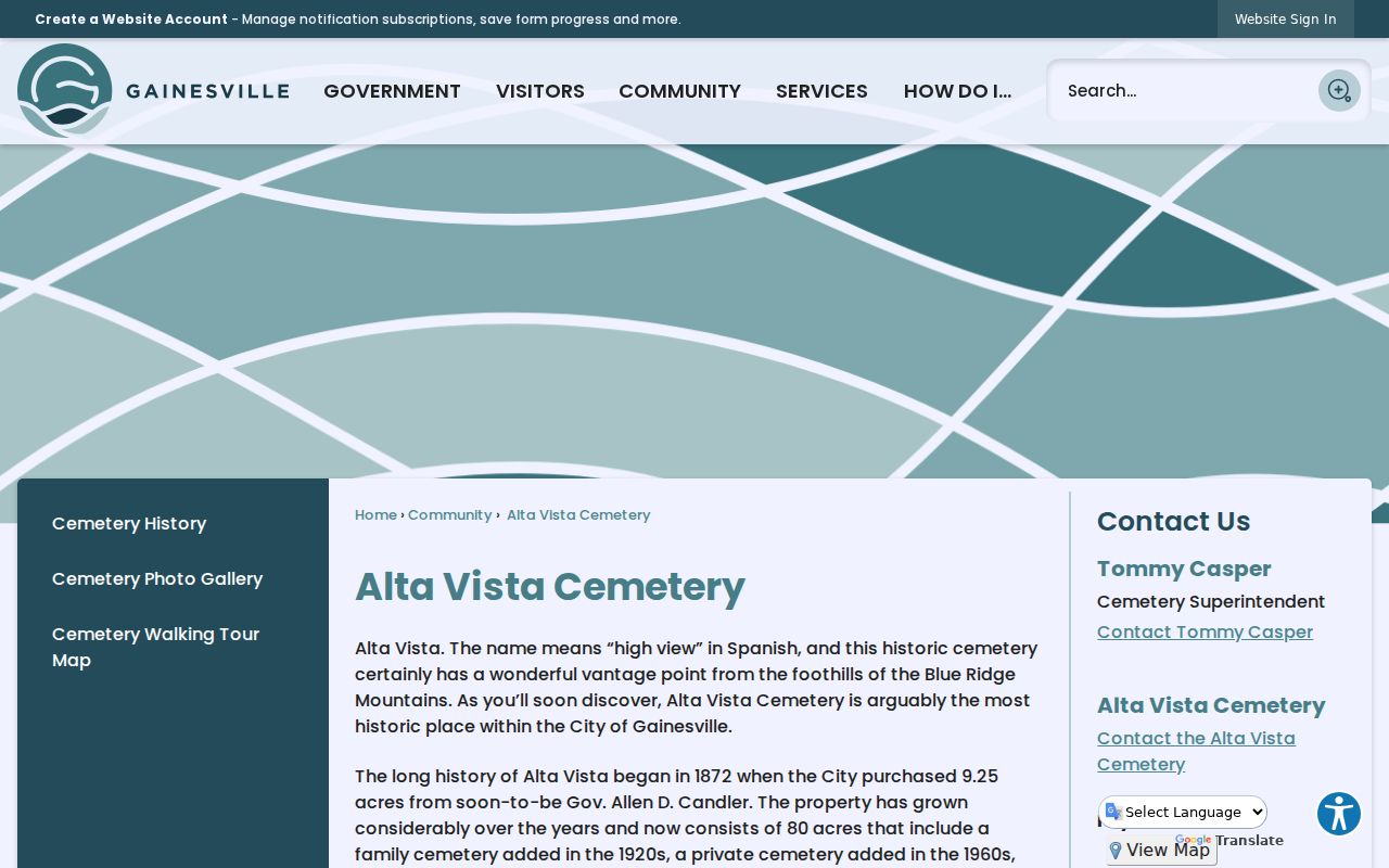 Gainesville Alta Vista Cemetery page with public history and interment search
